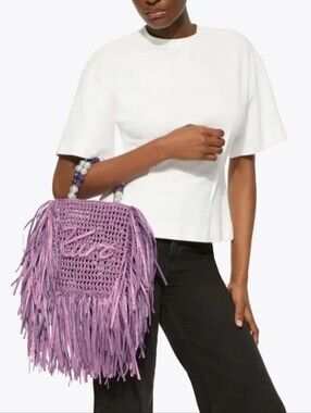 Kurt Geiger-Fringe Logo Woven Tote (Lilac 🩷💜)